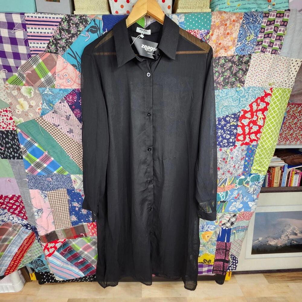 Elegant Black Long Sleeve Sheer Shirt Dress